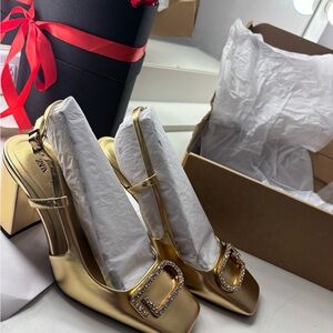Zara Elegant Gold Heels with Crystal Buckle